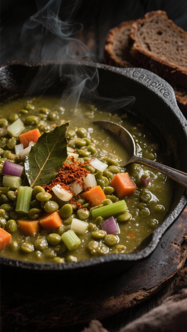 45-degree cozy pot shot of Split Pea & Smoky Veg “Campfire” Stew: thick green split pea base studded with diced onion, carrots, celery, and minced garlic; seasoned with smoked paprika for campfire aroma; hearty, rustic texture with a glossy surface, bay leaf peeking out; served in a heavy cast-iron pot with a ladle, slices of dark rye bread alongside, warm low-key lighting and gentle steam.