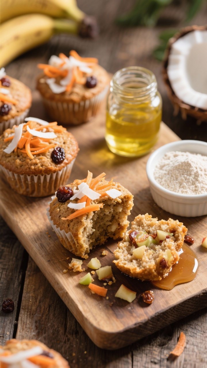45-degree lifestyle shot of morning glory banana muffins on a rustic wooden board, tops crowned with shredded carrot, coconut flakes, and a few raisins peeking through. Show a cut muffin revealing moist, hearty texture with applesauce sweetness; drizzle of maple syrup on the side, melted coconut oil jar, white whole wheat flour and chopped mix-ins in small ramekins. Warm, sunlit brunch mood with natural textures.