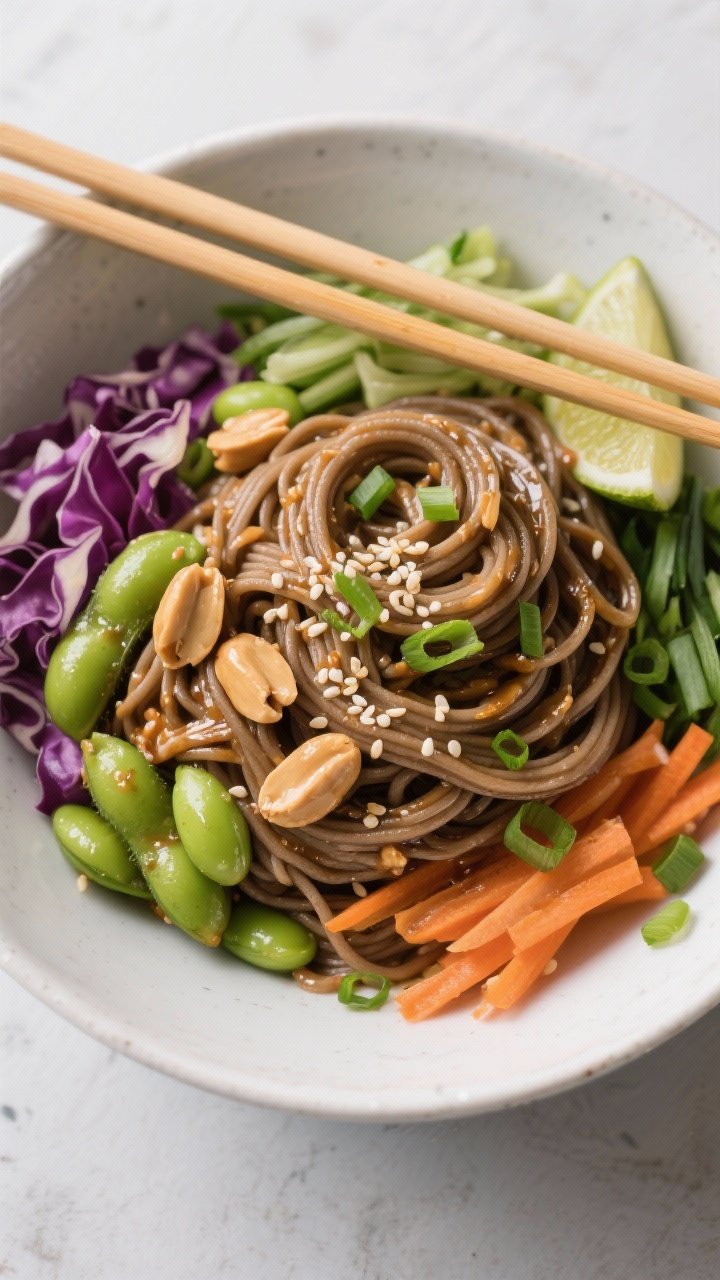 45-degree plated noodle bowl of peanut-ginger soba: buckwheat soba noodles tossed with a glossy peanut-ginger sauce, studded with bright edamame, shredded purple and green cabbage, julienned carrot, and sliced green onions. Sesame seeds and lime wedge garnish, chopsticks resting on the bowl; crisp textures contrasted with silky noodles.