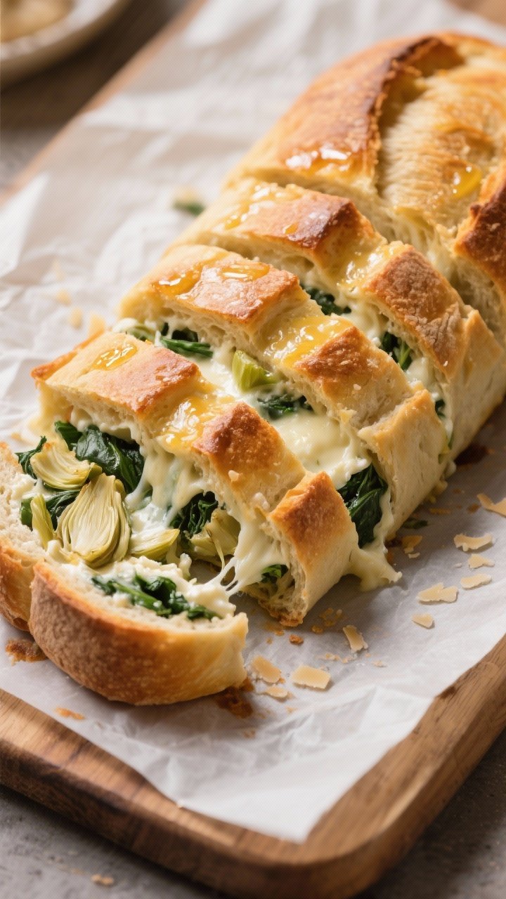 45-degree pull-apart action shot of spinach-artichoke stuffed artisan loaf: crosshatched sourdough boule with melted mozzarella and Parmesan stretching between cubes; creamy filling of cream cheese, sour cream, chopped artichoke hearts, and spinach visible in the cuts; golden-baked top, butter-brushed shine; set on parchment over a wooden board, cozy, shareable mood.