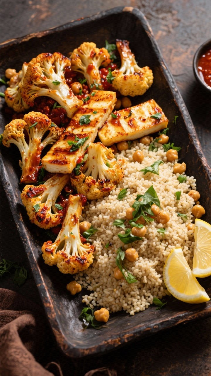 45-degree roasted platter of harissa cauliflower and halloumi with herbed chickpea couscous: cauliflower florets lacquered in harissa, olive oil, honey/maple, and cumin, roasted until deeply caramelized; golden halloumi batons with crisp edges; mound of fluffy couscous folded with chickpeas and fresh herbs; lemon wedges and extra harissa on the side; warm North African tones on a dark rustic tray.
