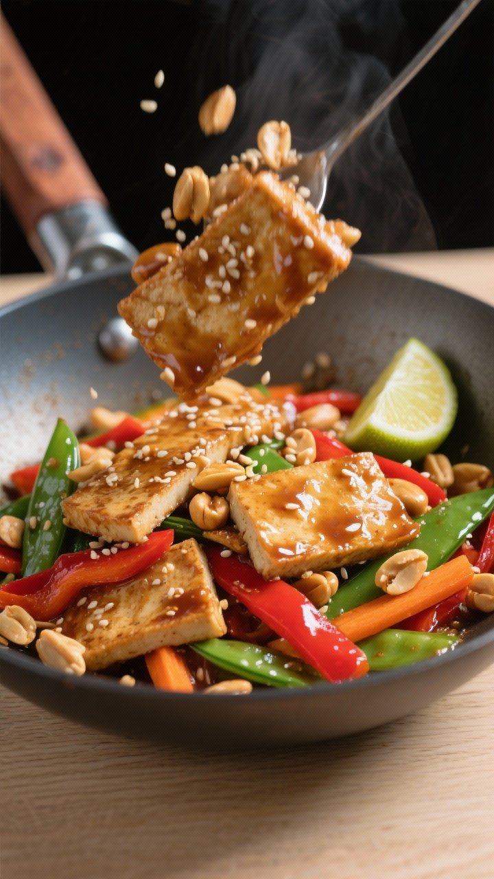 45-degree stir-fry motion shot of peanutty tempeh with crunchy veg and lime: thin tempeh rectangles glazed with a glossy peanut-soy-lime sauce sweetened with a touch of maple syrup, tossed with bright red bell pepper strips, snap peas, and carrot matchsticks; a wedge of lime perched on the rim; sesame seeds and chopped peanuts sprinkled; served in a carbon steel wok on a light wood surface.