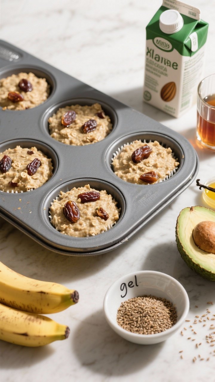 45-degree vegan-friendly prep shot: muffin tin lined and half-filled with vegan banana oatmeal batter studded with chopped dates and flecked with ground flax. Include unsweetened almond milk carton/glass, maple syrup, avocado or coconut oil, vanilla extract, and a small bowl labeled flax “gel” (ground flax + water). Natural, bright light, clean props to highlight plant-based ingredients.