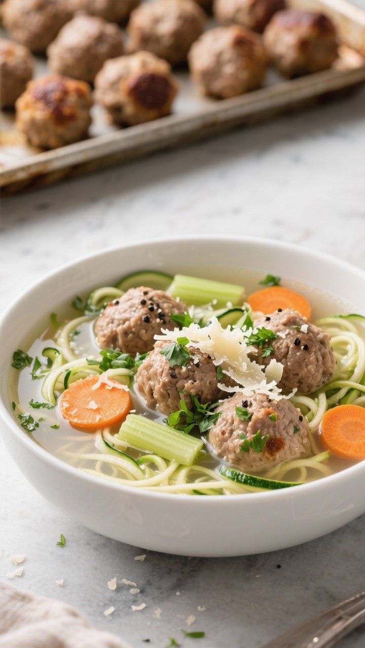 A 45-degree angle shot of turkey meatball zoodle soup in a wide white bowl: lean turkey meatballs speckled with Parmesan, parsley, garlic, oregano, and black pepper, nestled in clear broth with spiralized zucchini noodles. Carrot coins and celery slices float through; a shower of chopped parsley and grated Parmesan on top. A tray of just-baked meatballs in the background for narrative depth.