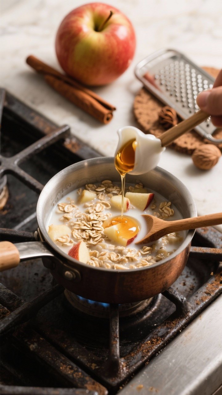 A 45-degree stovetop action shot: apple pie oats in a small saucepan, oats simmering in skim milk with diced apple pieces, cinnamon and pinches of nutmeg visible. A wooden spoon stirring, maple syrup about to be drizzled from a small pitcher. Warm, aromatic mood with a whole apple, cinnamon sticks, and nutmeg grater on a rustic trivet nearby.