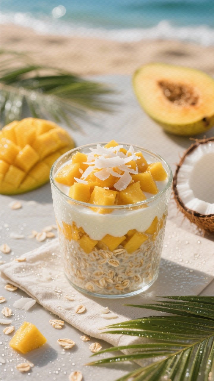 A 45-degree tropical mango-coconut overnight oats in a clear glass: oats soaked in coconut milk beverage and nonfat Greek yogurt, layered with juicy diced ripe mango, topped with unsweetened coconut flakes. Sunlit, beachy mood with a halved mango, coconut flakes scattered, and a palm-leaf napkin; cool condensation on the glass to emphasize chill.