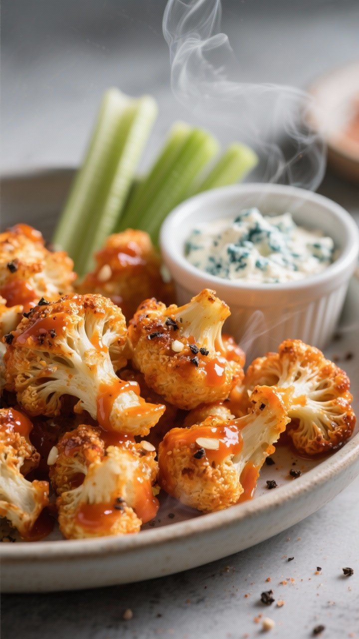 A close-up 45-degree angle of baked buffalo cauliflower bites fresh from the oven: caramelized edges, tossed in glossy Buffalo wing sauce with hints of garlic and onion powder; served in a shallow bowl with visible steam, sprinkled with cracked black pepper, alongside a ramekin of creamy blue cheese dip with celery sticks in the background.