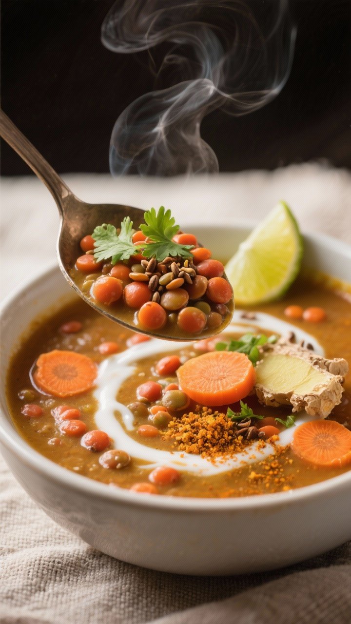 A close-up ladle shot of spiced lentil and carrot soup with a coconut-lime finish, showing tender red lentils, orange carrot rounds, flecks of grated ginger, and a warmly colored broth scented with mild curry powder and ground coriander. A glossy swirl of coconut milk and a lime wedge on the rim; a sprinkle of cilantro and toasted cumin seeds on top. Steam visible, set over a textured linen for cozy warmth.