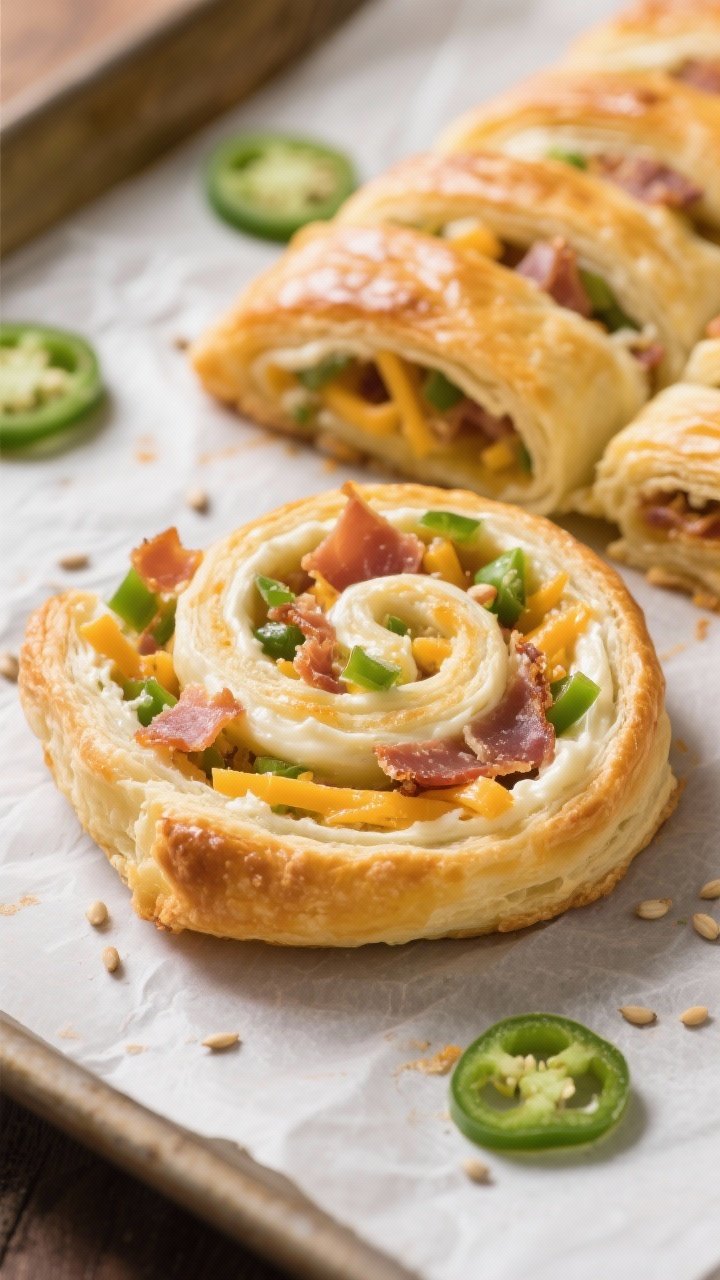 A close-up slice-through view of jalapeño popper pinwheels: golden puff pastry swirled with cream cheese, shredded cheddar, finely chopped fresh jalapeños, and crumbled crispy prosciutto; flaky layers visible, a few seeds and jalapeño rings scattered for color, on a parchment-lined baking tray.