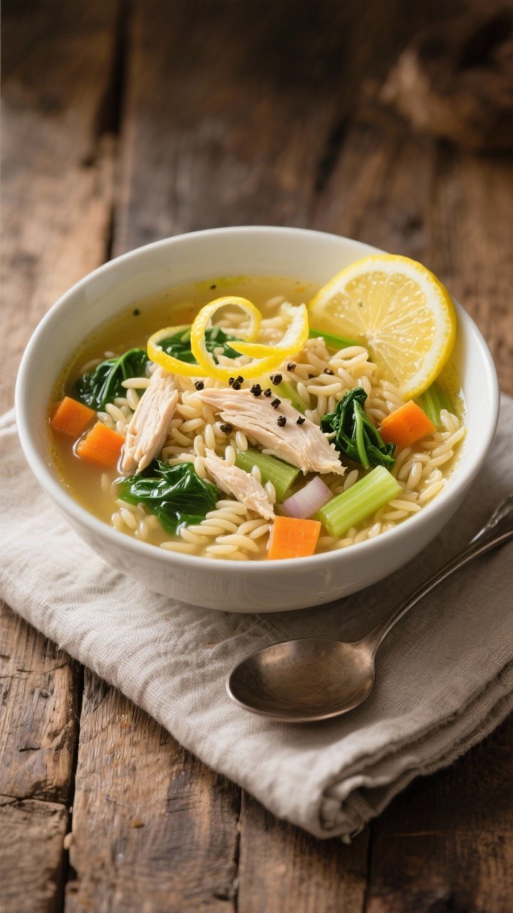 A cozy 45-degree angle bowl of lemony chicken, orzo, and greens soup, clear golden low-sodium chicken broth with whole-wheat orzo pearls, shreds of cooked chicken, ribbons of leafy greens, diced carrots, celery, and onion. Garnish with lemon zest curls and a lemon wedge on the rim; fresh cracked pepper on top. Place a spoon and a linen napkin beside the bowl on a rustic wood table for a comforting, hug-in-a-bowl vibe.