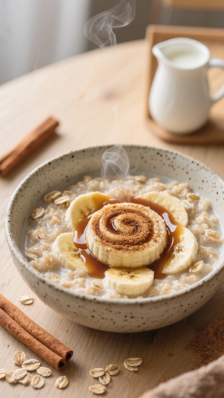 A cozy close-up, 45-degree angle of creamy cinnamon roll swirl oatmeal in a speckled ceramic bowl: old-fashioned oats cooked in unsweetened almond milk, mashed banana folded in, glossy maple syrup drizzle forming a spiral “cinnamon roll” pattern, dusting of ground cinnamon, and a hint of vanilla. Warm, morning light, soft steam rising, set on a light wood table with a cinnamon stick and a small pitcher of almond milk in frame.