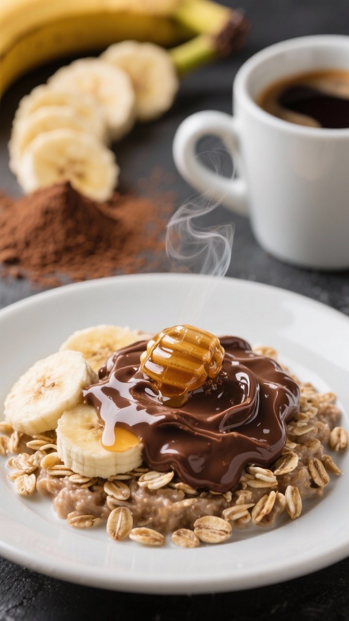A dynamic close-up, straight-on of mocha banana protein oats: oats cooked with cooled brewed coffee and almond milk, mashed ripe banana folded in for creaminess, cocoa powder giving a deep chocolate tone, a light drizzle of honey on top. Glossy, rich texture with a faint swirl of steam; espresso cup, banana slices, and a dusting of cocoa in the background for context.