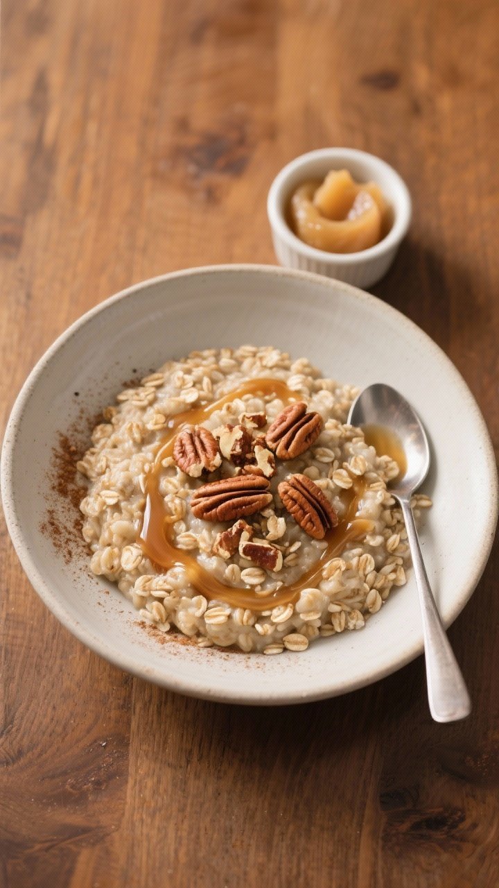 A minimalist overhead bowl of maple pecan steel-cut oats: chewy steel-cut oats cooked in water with a pinch of salt, faint cinnamon dusting, glossy ribbon of pure maple syrup, and a scatter of lightly toasted chopped pecans. Optional unsweetened applesauce served on the side in a tiny ramekin. Clean ceramic bowl on a warm wooden table, spoon resting at the edge.