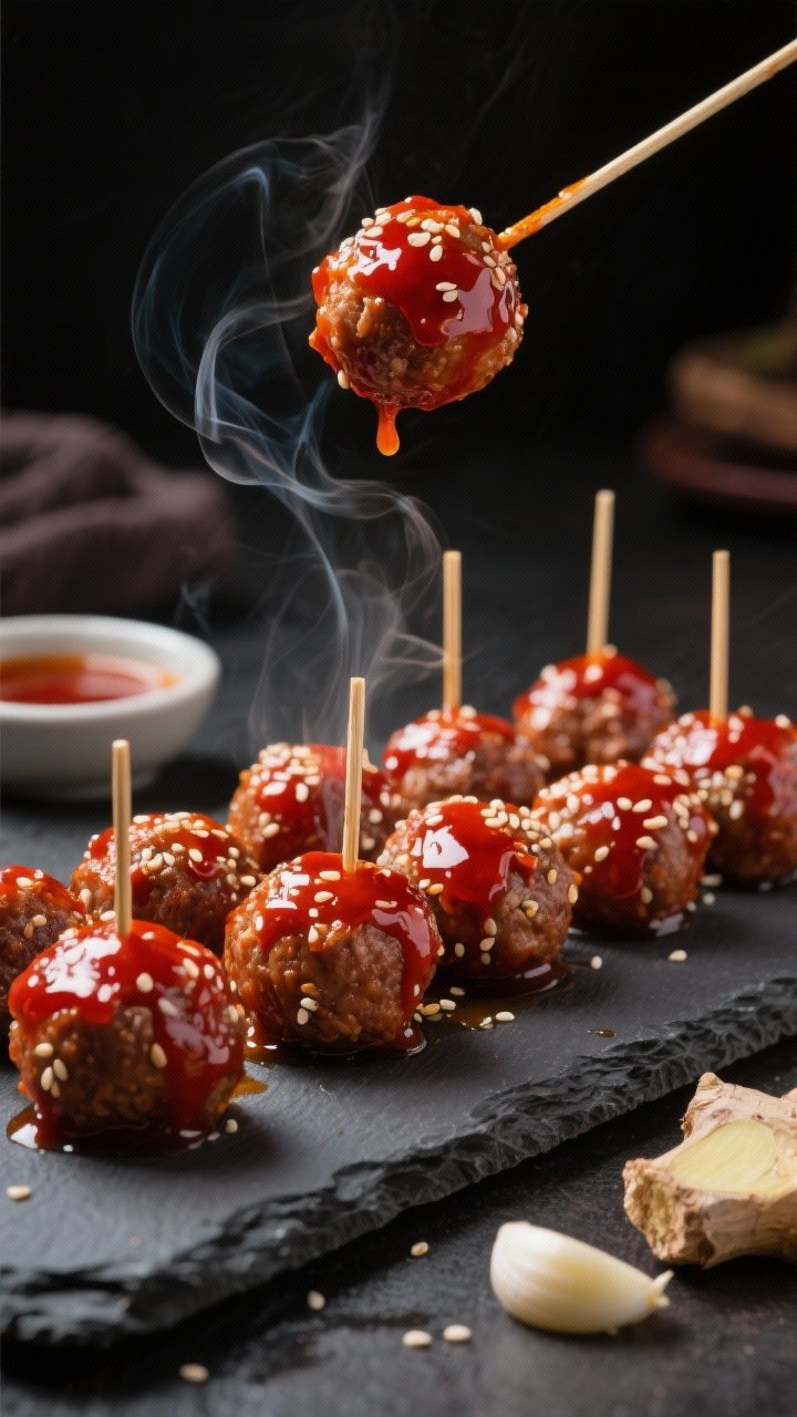 A moody 45-degree angle of sweet-and-spicy meatball bites glazed in sticky gochujang sauce: glossy, deep red sheen with sesame seeds clinging, steam rising; small skewers inserted for serving, with a small dish of extra glaze, and hints of garlic and ginger in the styling props.