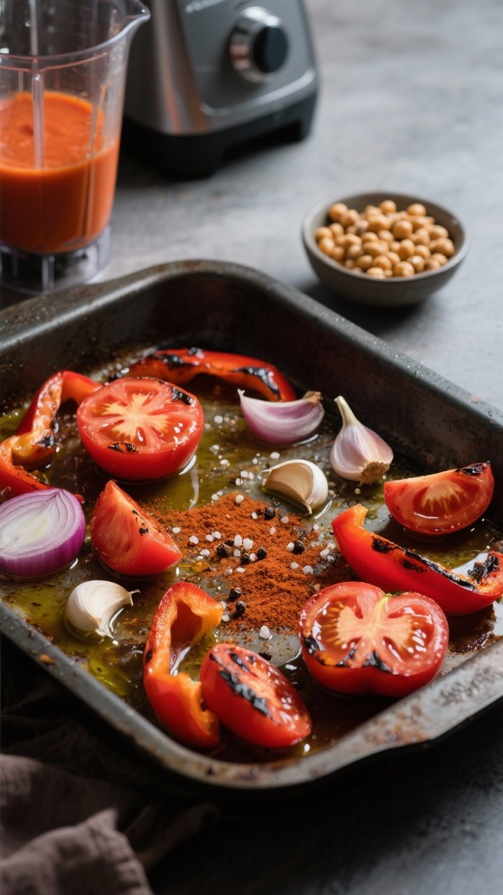 A moody 45-degree roasting-pan scene: halved Roma tomatoes, quartered red bell peppers, quartered onion, and unpeeled garlic cloves glistening with olive oil, sprinkled with smoked paprika, salt, and black pepper, just out of the oven with charred edges. In the background, a blender and a small bowl of crispy roasted chickpeas ready for topping, hinting at the soon-to-be blended roasted tomato and red pepper soup.