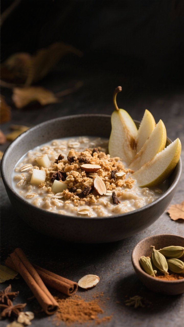 A moody 45-degree shot of chai-spiced pear oatmeal in a deep bowl: oats simmered in almond milk with diced pear, warmly scented with cardamom, cinnamon, ginger, and cloves. Finished with a rustic almond crumble topping scattered over the surface. Soft shadows, sliced pear fan on the side, a pinch bowl of cardamom pods and ground spices nearby, cozy autumn vibe.