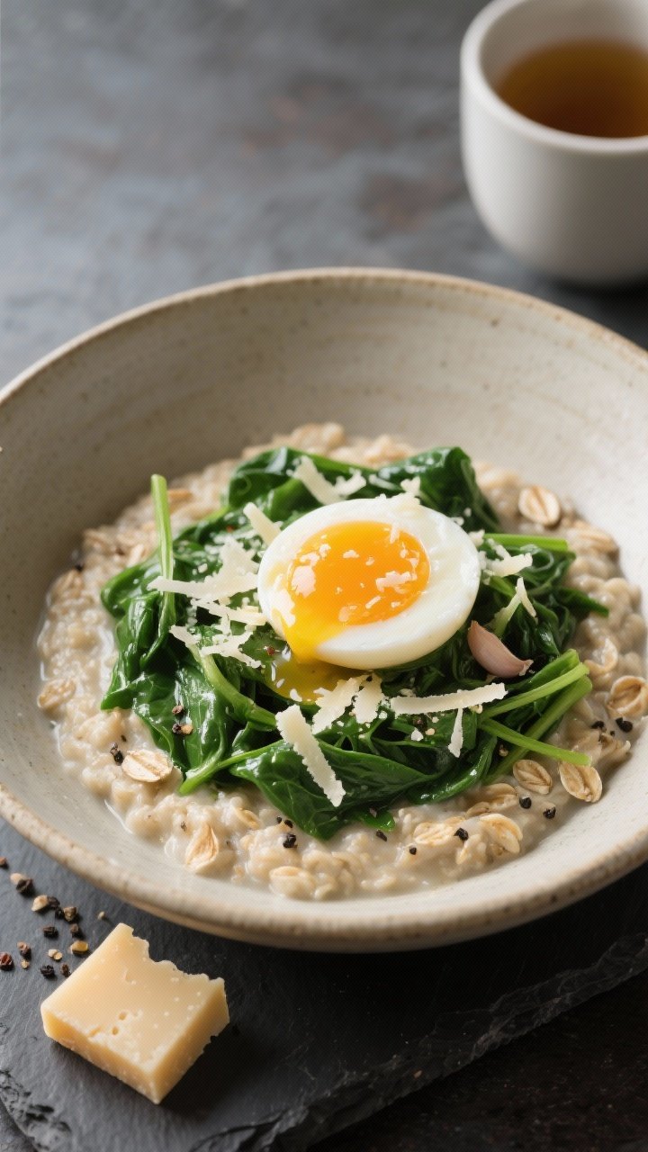 A plated savory spinach-Parmesan oatmeal bowl shot straight-on: creamy oats cooked in low-sodium broth, folded with bright wilted baby spinach, topped with a jammy soft-boiled egg split open, yolk gently running, and a shower of finely grated Parmesan. A whisper of garlic seasoning and black pepper visible. Neutral stoneware bowl on a slate board with a small wedge of Parmesan and broth-filled cup in the background.