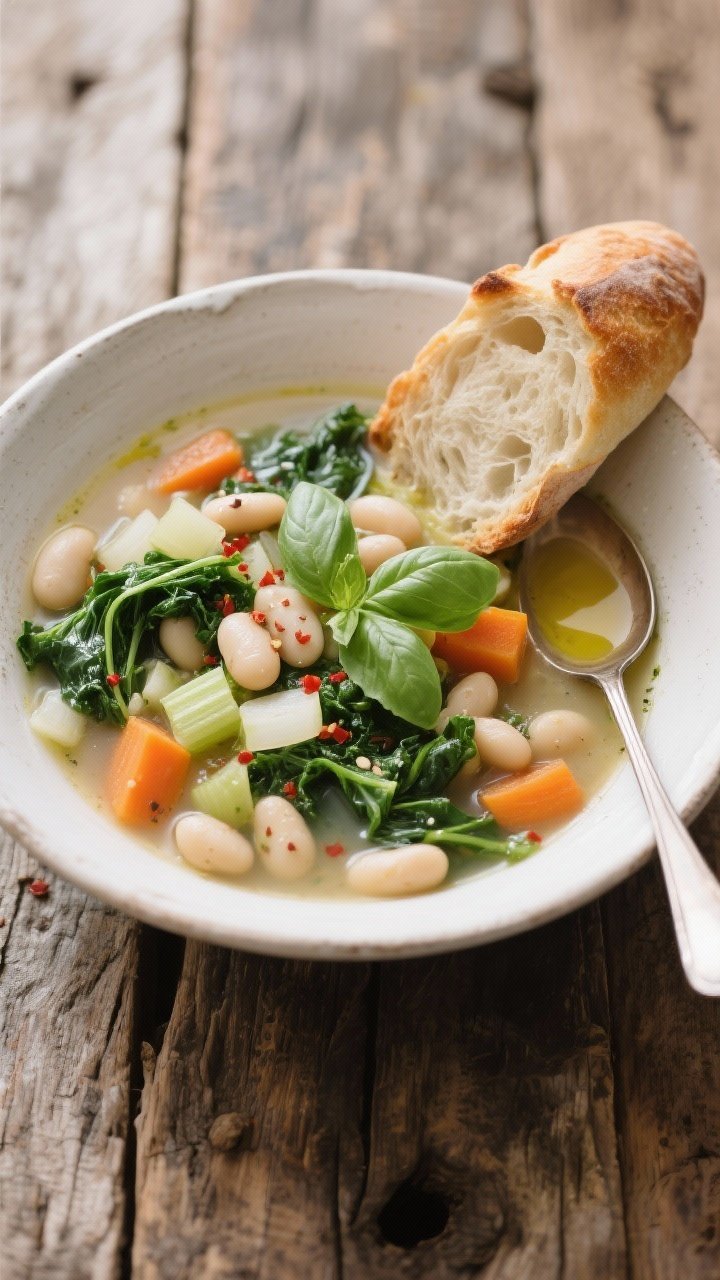 A rustic straight-on bowl of lighter ribollita with white beans and kale: brothy yet hearty, showing creamy cannellini beans, ribbons of kale, diced onion, carrot, and celery, kissed with Italian seasoning and optional red pepper flakes. A drizzle of olive oil and a few torn basil leaves on top; a heel of crusty bread leaning on the bowl’s edge to nod to tradition while keeping it lighter. Set on a weathered wooden table with a soup spoon.