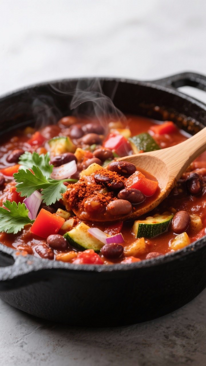 A straight-on close-up of smoky pinto bean and veggie chili, thick and hearty without cheese, in a black cast-iron pot. Visible pinto beans, diced onion, red bell pepper, zucchini, and a deep red sauce enriched with tomato paste, chili powder, and cumin; a dusting of smoked paprika-like hue. Steam curls and a few cilantro leaves for color; a wooden spoon partially dipped in, emphasizing the chunky texture.