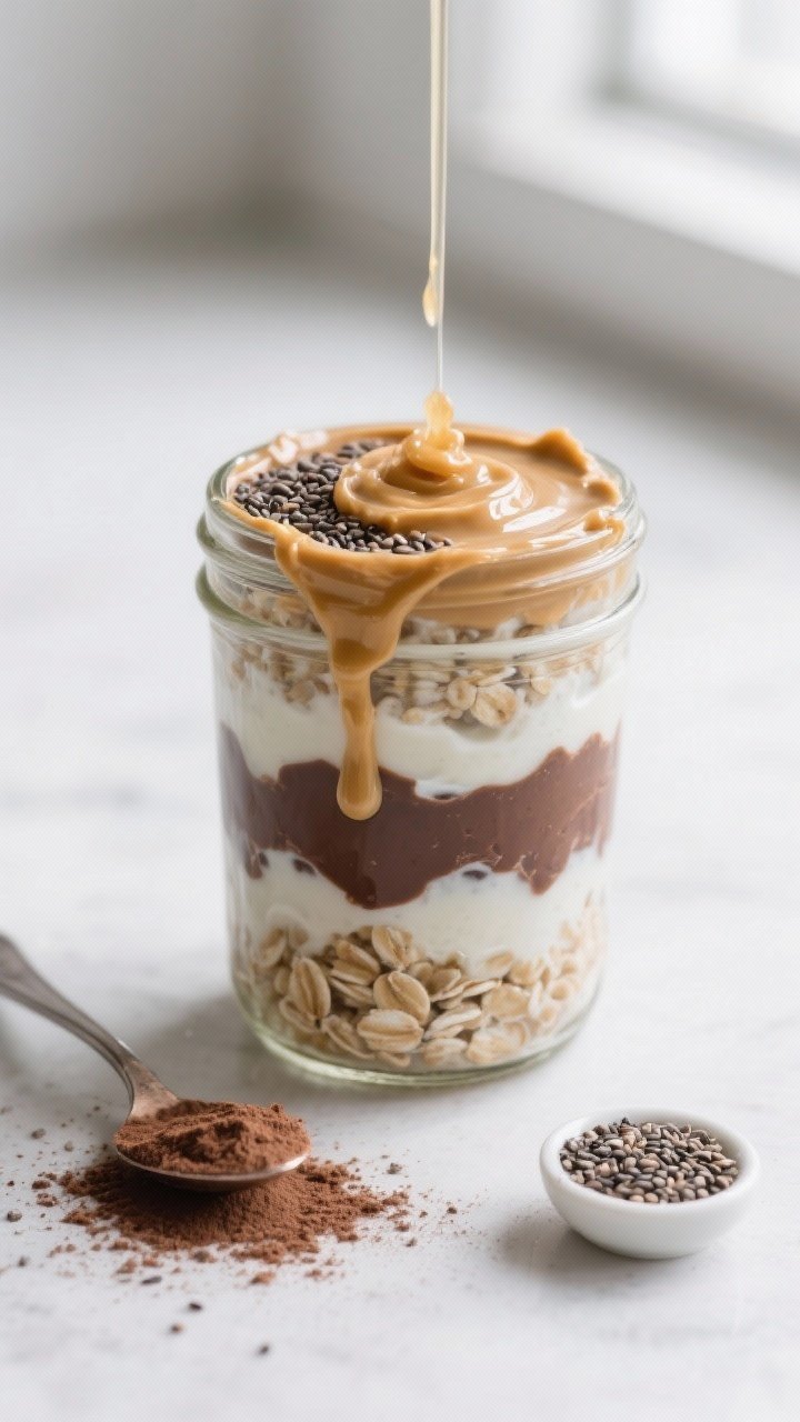 A straight-on mason jar of peanut butter cup overnight oats, layered: old-fashioned oats soaked in unsweetened almond milk and nonfat Greek yogurt, cocoa powder and chia seeds visible, a ribbon of natural peanut butter on top, light honey drizzle. Minimal, modern background with a cocoa-dusted spoon and a tiny dish of chia seeds; soft window light highlighting thick, dessert-like texture.