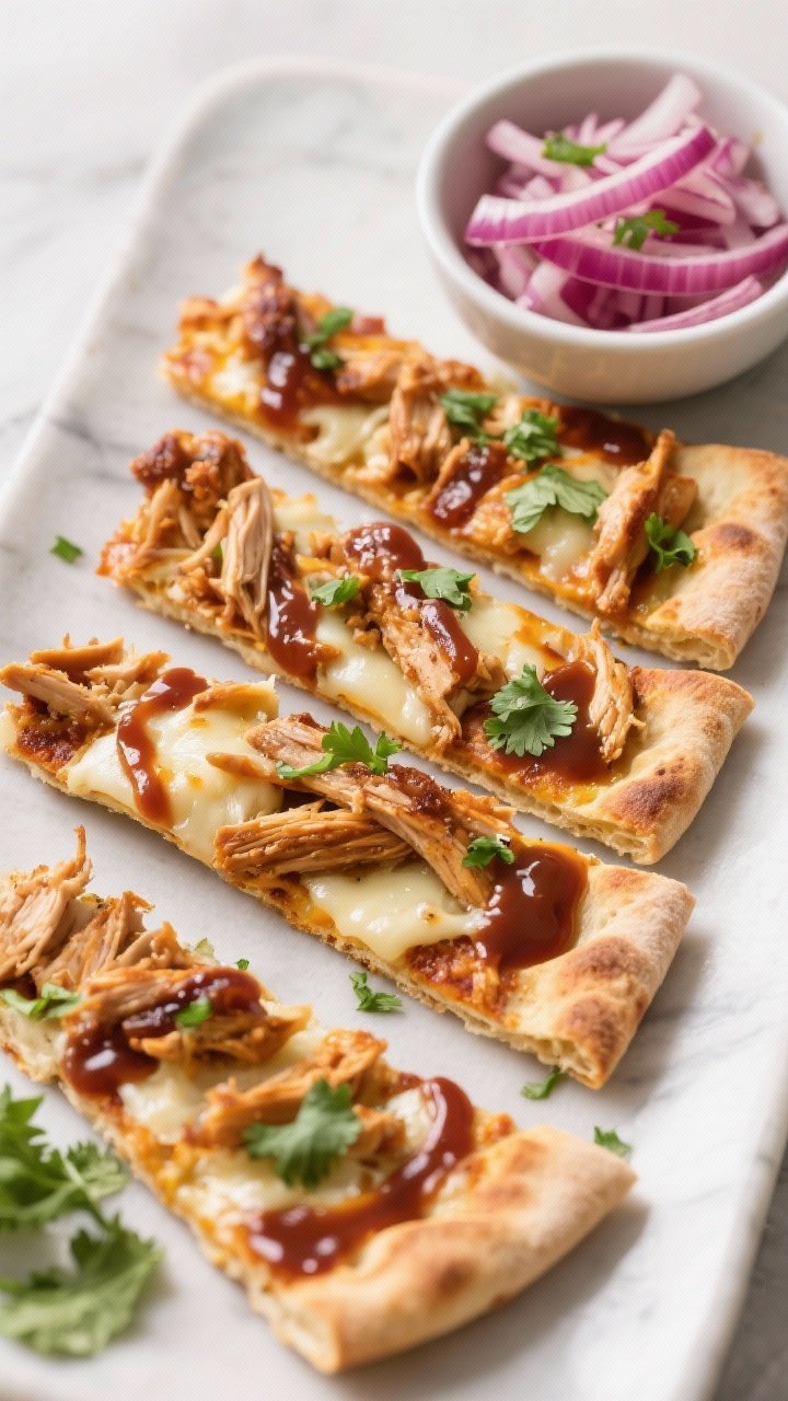 A straight-on shot of BBQ chicken flatbread dippers: toasted flatbreads topped with shredded rotisserie chicken, melty mozzarella or gouda, and drizzled BBQ sauce, sliced into dip-able strips; a small bowl of quick-pickled red onions and chopped cilantro scattered over top for brightness.