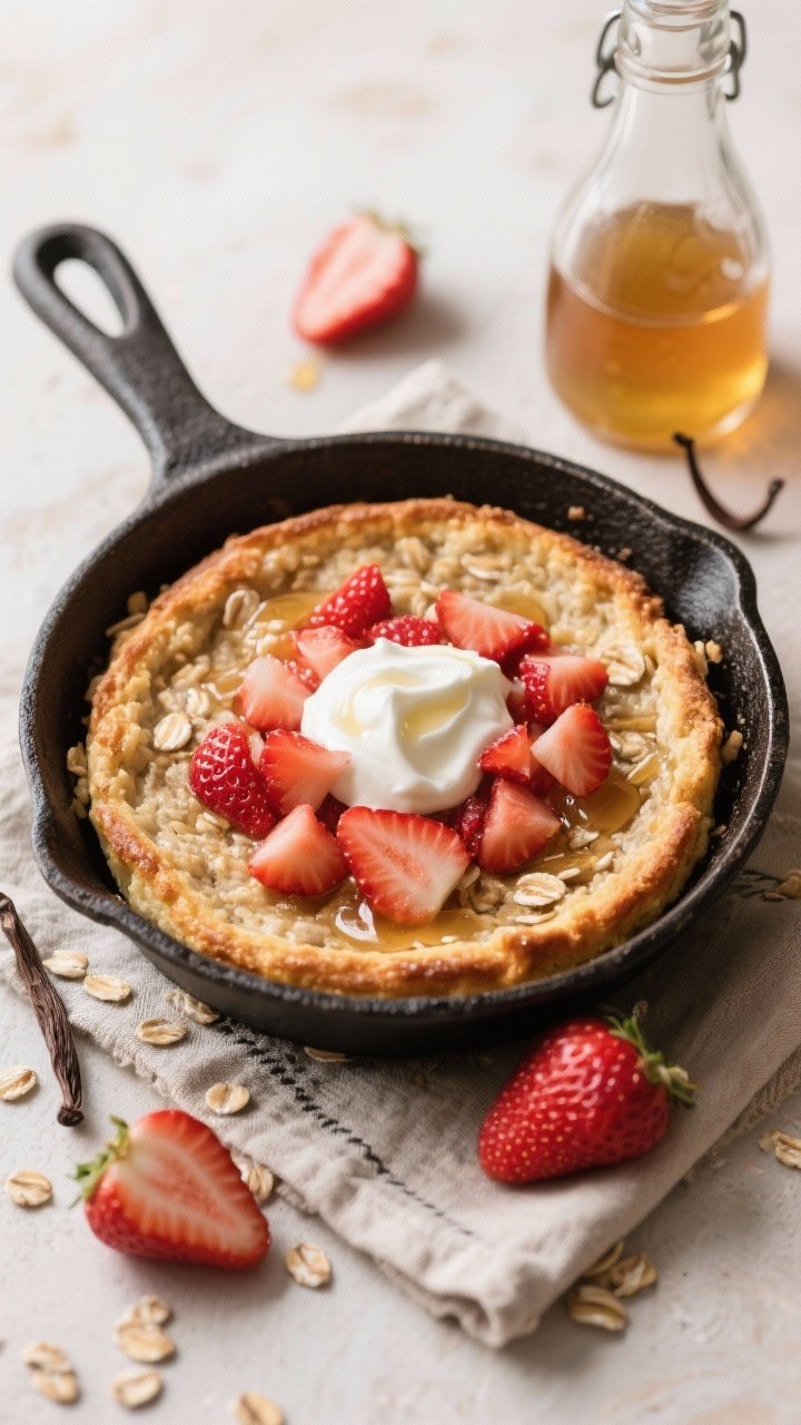 A straight-on skillet presentation of strawberry shortcake baked oats: old-fashioned oats blended with baking powder, almond milk, and Greek yogurt, baked until risen and golden at the edges in a small cast-iron skillet, studded with juicy diced strawberries. A drizzle of honey, vanilla aroma implied by a nearby bottle, and a dollop of yogurt on top. Rustic brunch styling with sliced strawberries and a linen napkin.