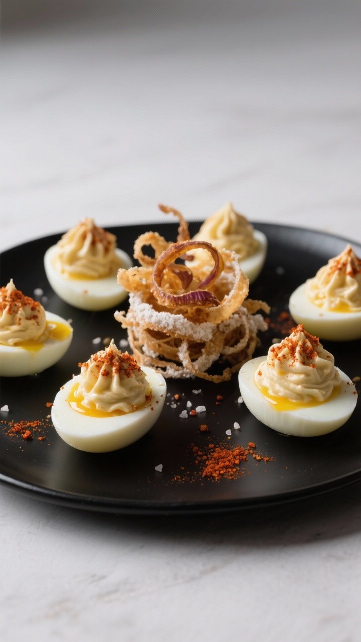 An elegant overhead of smoky deviled eggs on a matte black platter: creamy yolk filling with mayo, Dijon, apple cider vinegar, and smoked paprika piped generously, garnished with a drizzle of paprika oil and a sprinkle of salt and pepper; a nest of crispy flour-dusted fried shallots crowning a few eggs for texture.