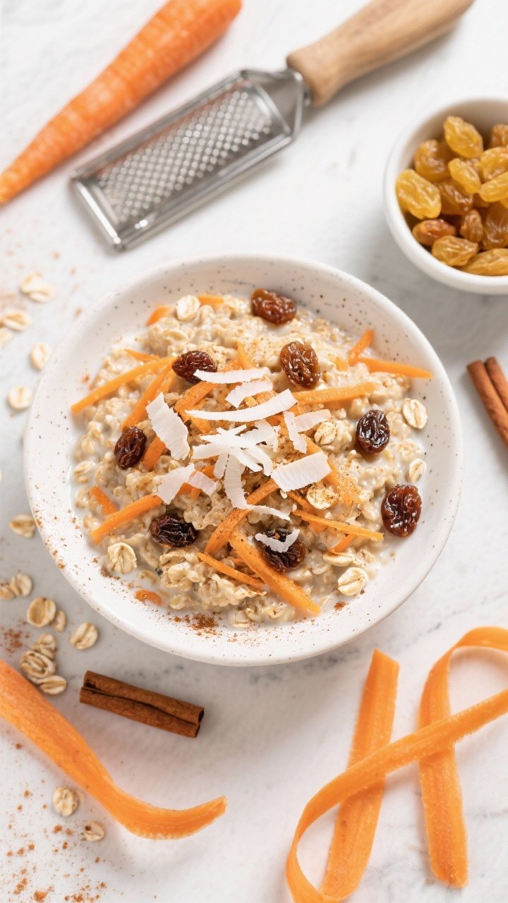 An overhead flat lay of carrot cake oats with toasted coconut crunch: oats cooked in almond milk, finely grated carrot threads throughout, raisins punctuating the orange speckles, cinnamon and ground ginger dusted over top, a sprinkle of toasted shredded coconut for texture. Styled with a microplane, a few carrot ribbons, and a small bowl of golden raisins; bright, inviting morning vibe.