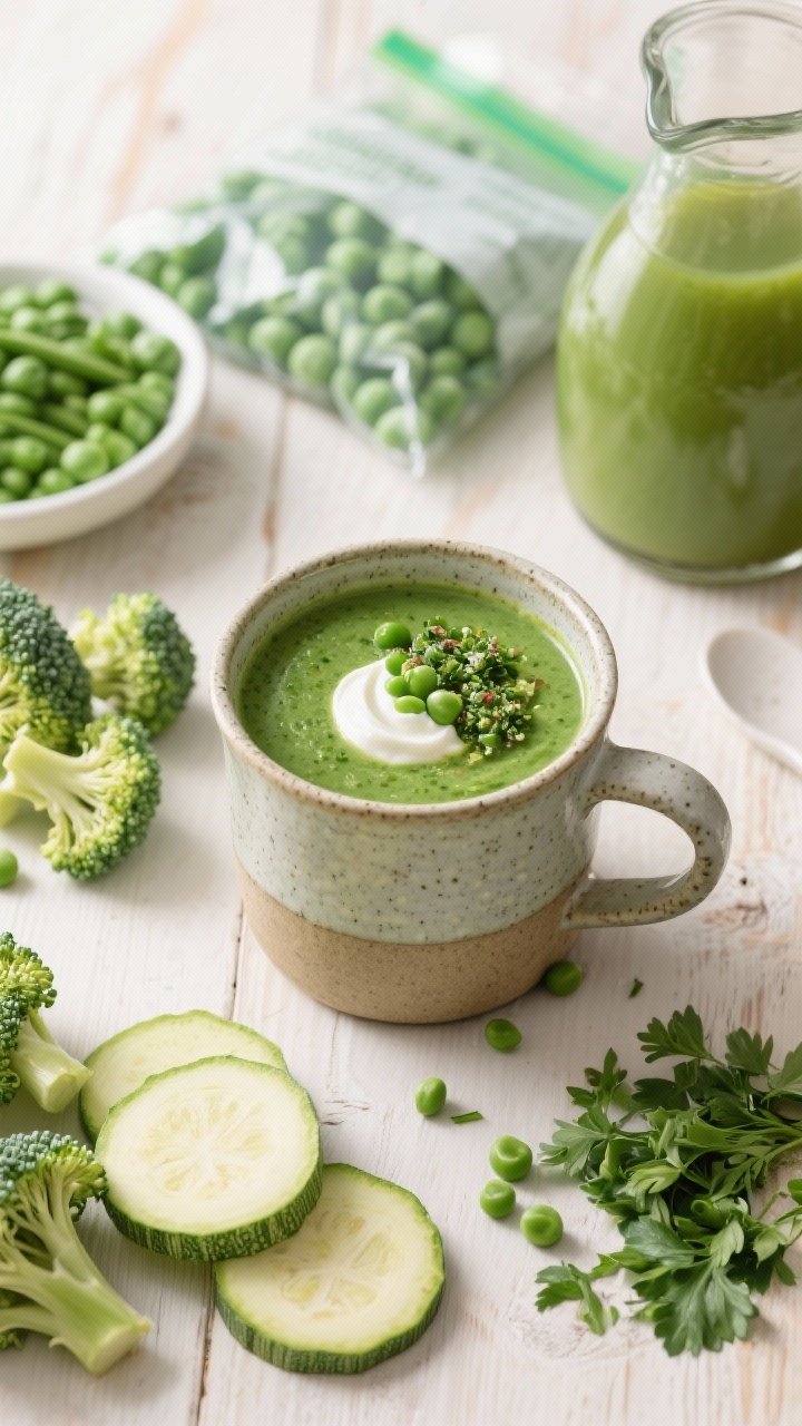 An overhead green goddess broccoli and herb soup in a stoneware mug for sipping, vibrant spring-green and silky. Visible garnishes: a dollop of plain yogurt or a swirl of herb-packed pesto-like puree, scattered peas, and chopped parsley. Nearby: sliced leek rounds, broccoli florets, chopped zucchini, a bag of frozen peas, and a jug of low-sodium vegetable broth on a pale wooden surface to emphasize the fresh, herbal mood.