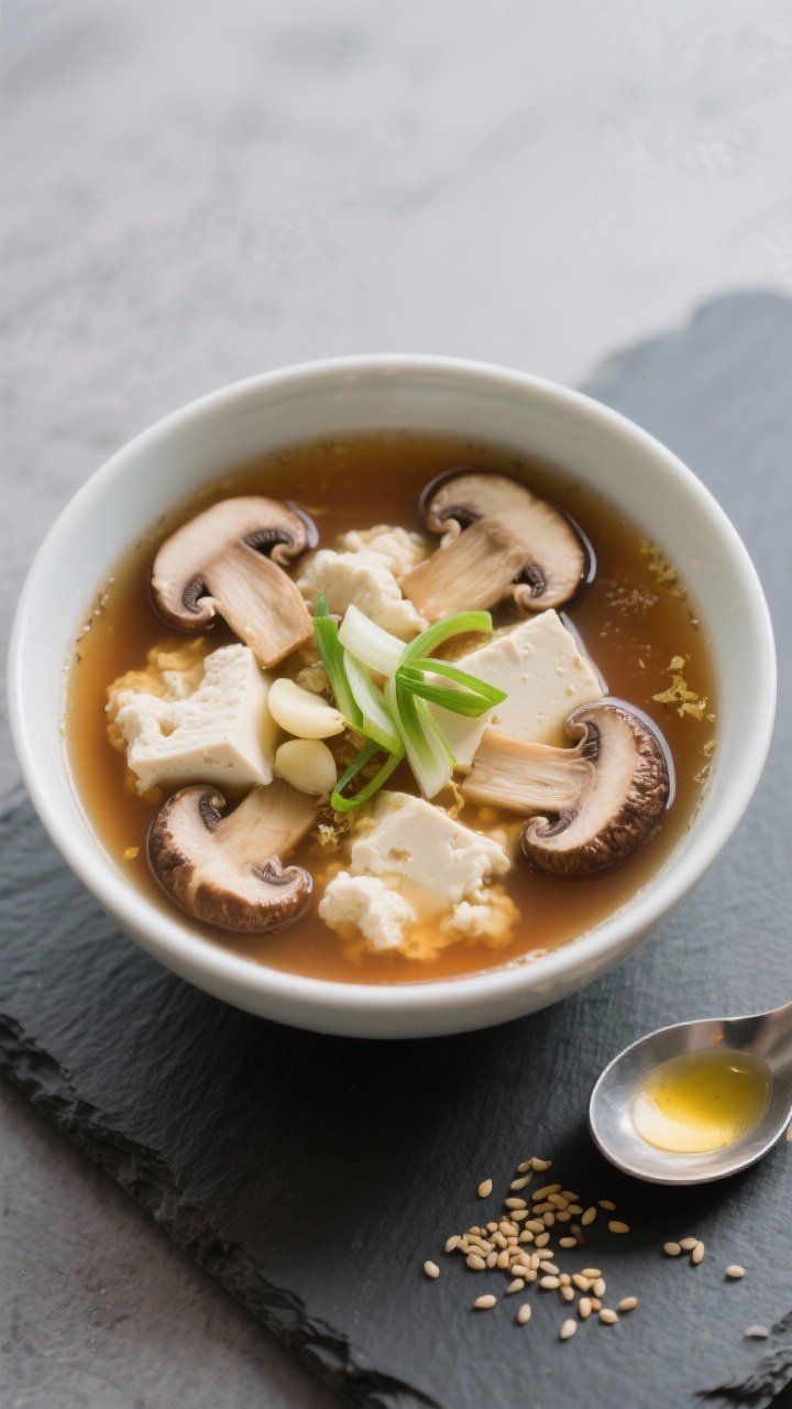 An overhead minimalist bowl of ginger miso mushroom soup with tofu clouds: clear amber vegetable broth infused with fresh grated ginger and garlic, floating slices of shiitake and cremini mushrooms, soft wisps of barely set silken tofu “clouds,” and finely sliced scallions. A teaspoon with sesame oil sheen nearby, sesame seeds sprinkled sparingly; set on a slate surface for modern Japanese-inspired simplicity.