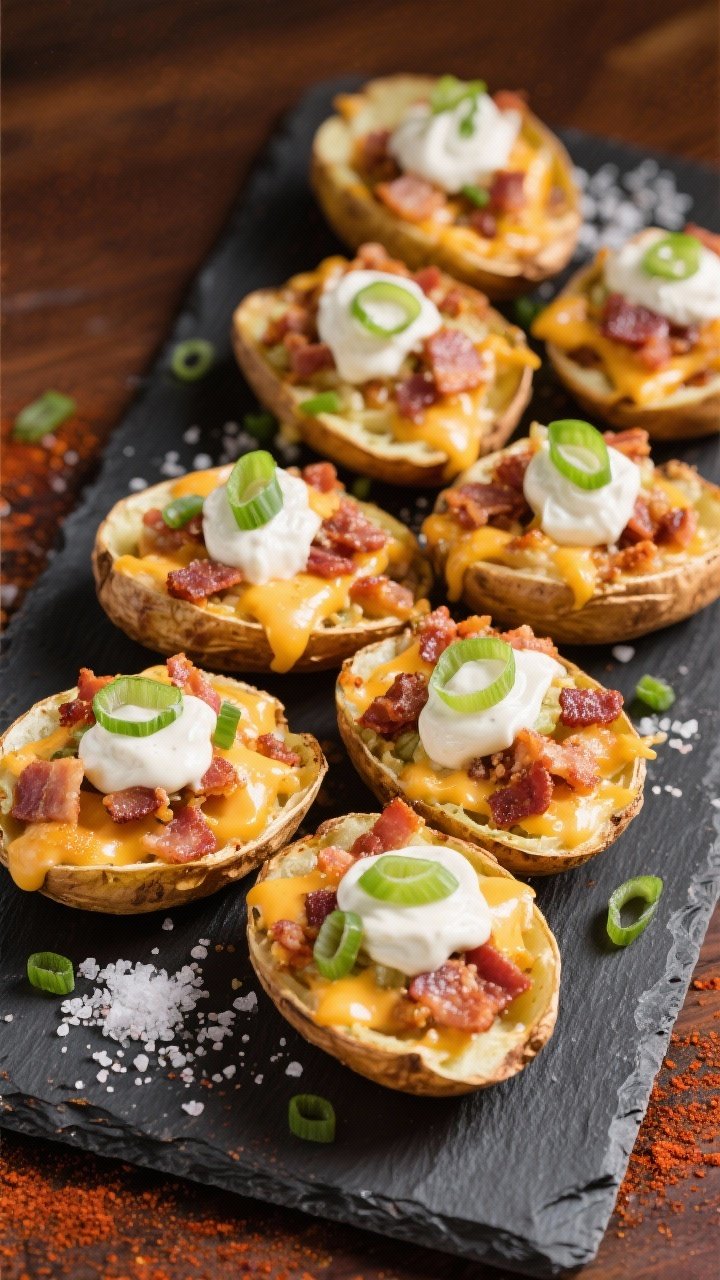 An overhead pub-style platter of loaded potato skins: crisp russet shells brushed with melted butter and paprika, stuffed with melted sharp cheddar and crumbled bacon, topped with dollops of scallion ranch and extra sliced scallions; coarse salt scattered on the slate serving board.