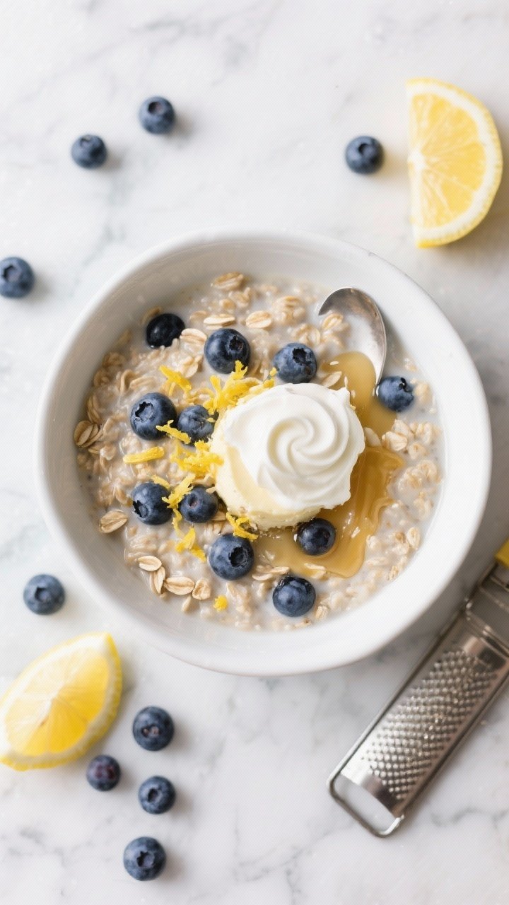An overhead shot of blueberry lemon cheesecake oatmeal in a shallow white bowl: oats simmered with water, pools of burst blueberries marbling the oats, bright lemon zest and a squeeze of lemon juice, a delicate drizzle of honey, finished with a small spoonful of creamy yogurt swirled in to suggest cheesecake. Styled on a cool marble surface with scattered fresh blueberries, lemon wedges, and a fine zester.