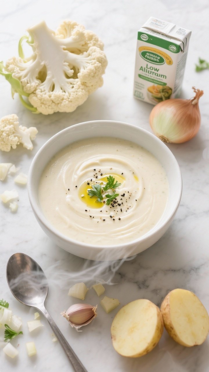 An overhead shot of creamy cauliflower Alfredo soup in a matte white bowl, velvety and pale ivory with a glossy swirl, topped with cracked black pepper, parsley, and a drizzle of olive oil; visible textures of blended cauliflower and Yukon gold potato for body. Surround with raw ingredients: a chopped onion, sliced garlic cloves, a head of cauliflower broken into florets, diced Yukon gold potato, and a carton labeled low-sodium broth; set on a light marble surface with a ladle and steam gently rising.