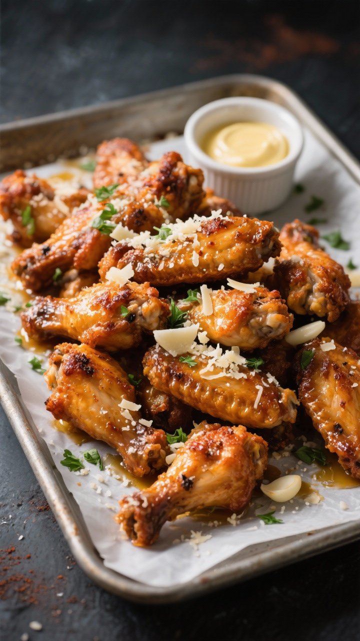 An overhead shot of crispy garlic-parmesan chicken wings piled on a parchment-lined sheet pan, skin blistered and golden from baking powder, salt, black pepper, and smoked paprika; glossy with melted butter and minced garlic, sprinkled with grated Parmesan and chopped parsley, with a small ramekin of extra garlic-butter on the side; moody lighting to emphasize texture and crunch.