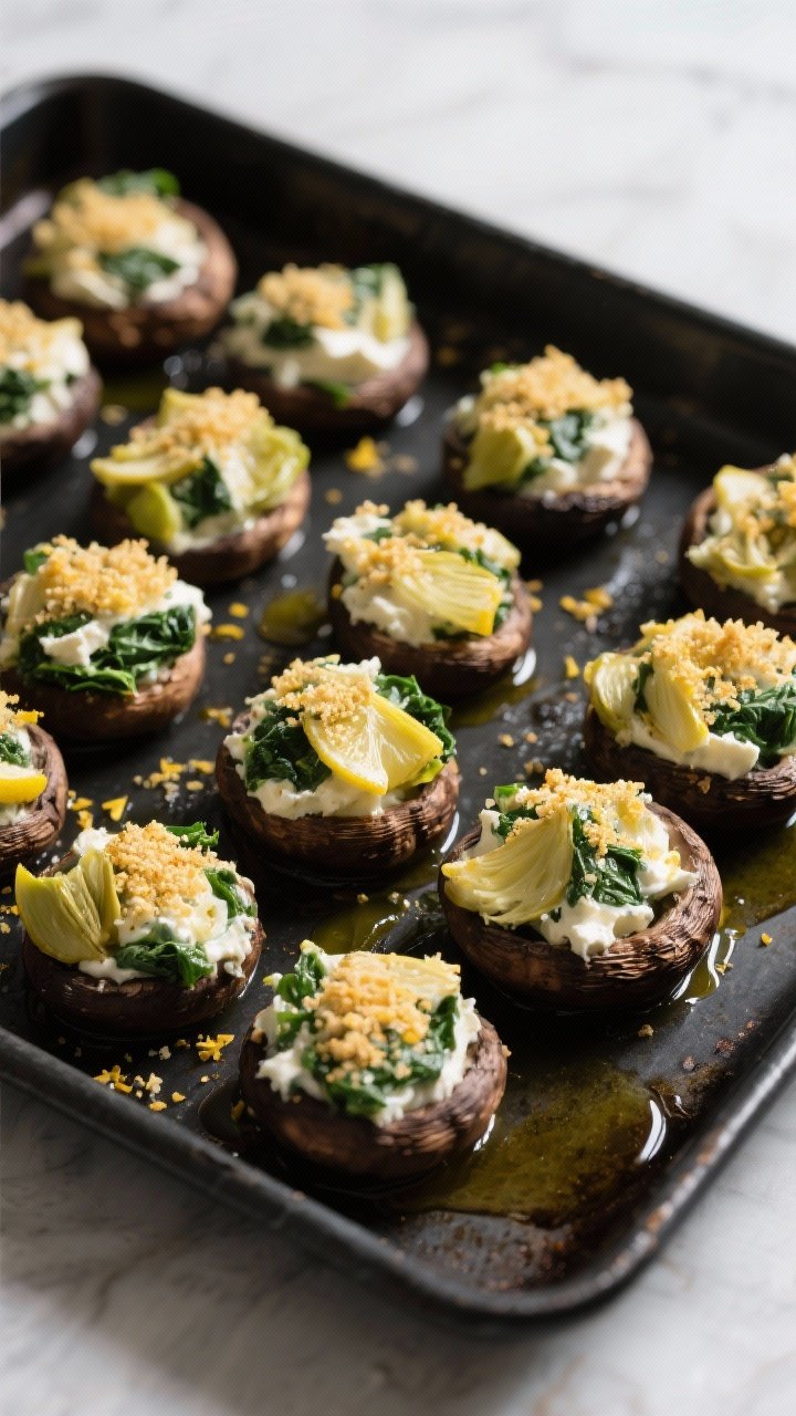 An overhead shot of spinach-artichoke stuffed mushrooms arranged tightly on a dark baking sheet: cremini caps brimming with a creamy mixture of cream cheese, thawed squeezed spinach, and chopped artichokes, topped with lemony golden breadcrumbs; a lemon zest sprinkle and olive oil drips for shine.