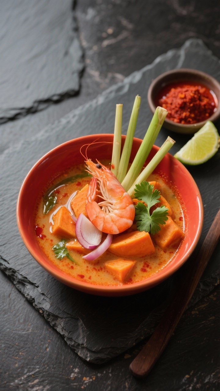 An overhead Thai-inspired sweet potato and lemongrass soup with shrimp: a vibrant orange-red bowl from red curry paste and sweet potato, silky and glossy. Plump pink shrimp perched on top, with sliced shallot, hints of lemongrass stalk, and cilantro leaves. A drizzle of coconut oil sheen, lime wedges on the side, and a small dish of extra red curry paste; set on a dark stone surface for contrast.