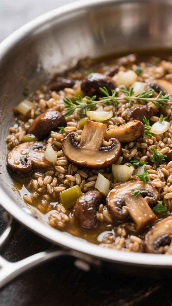 Close-up of a hearty barley and mushroom “beefy” skillet in a stainless pan: pearled barley simmered in vegetable broth until plump, tossed with deeply browned sliced cremini/button mushrooms, diced onion, minced garlic, and a touch of olive oil. Glossy, umami-rich finish with chopped thyme or parsley sprinkled on top; focus on chewy barley and meaty mushroom texture.