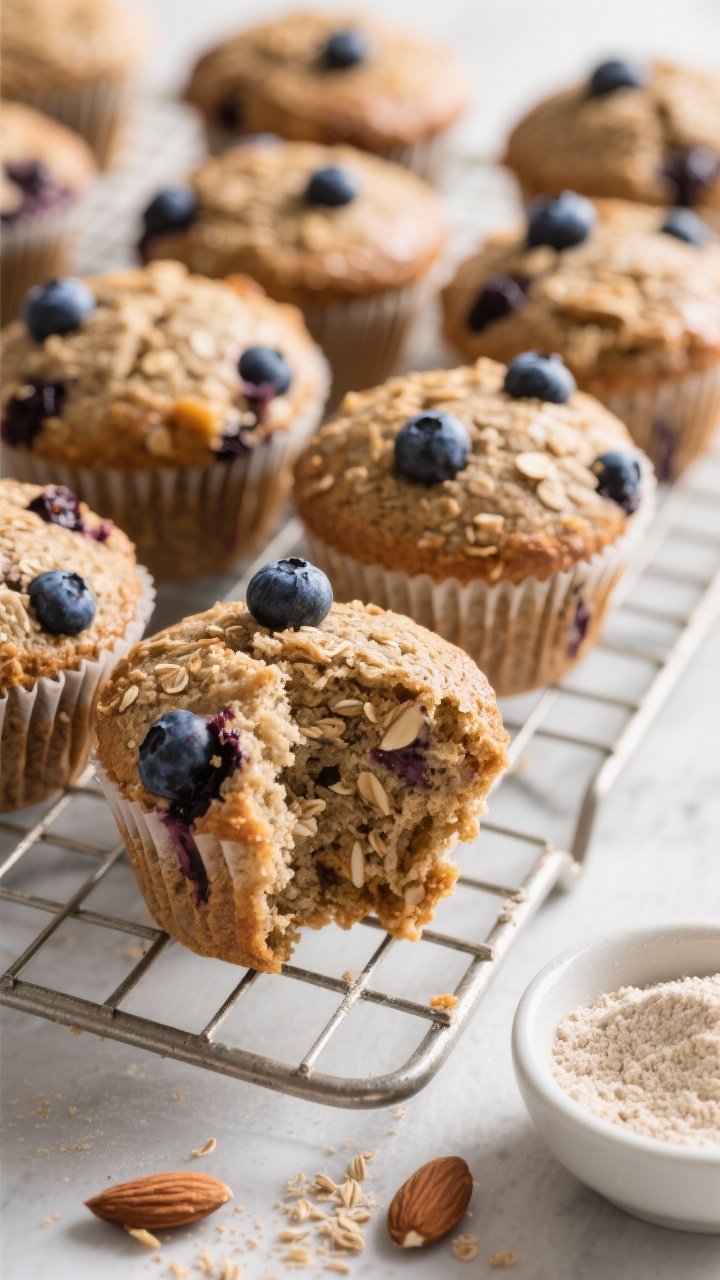Close-up of blueberry-almond bran muffins on a cooling rack: domed tops studded with juicy blueberries and a rustic crumb from wheat bran and whole wheat flour; hints of cinnamon and a honey-applesauce sheen; a small bowl of wheat bran, whole wheat flour, and baking powder/soda off to the side; soft natural light, torn muffin showing tender interior.