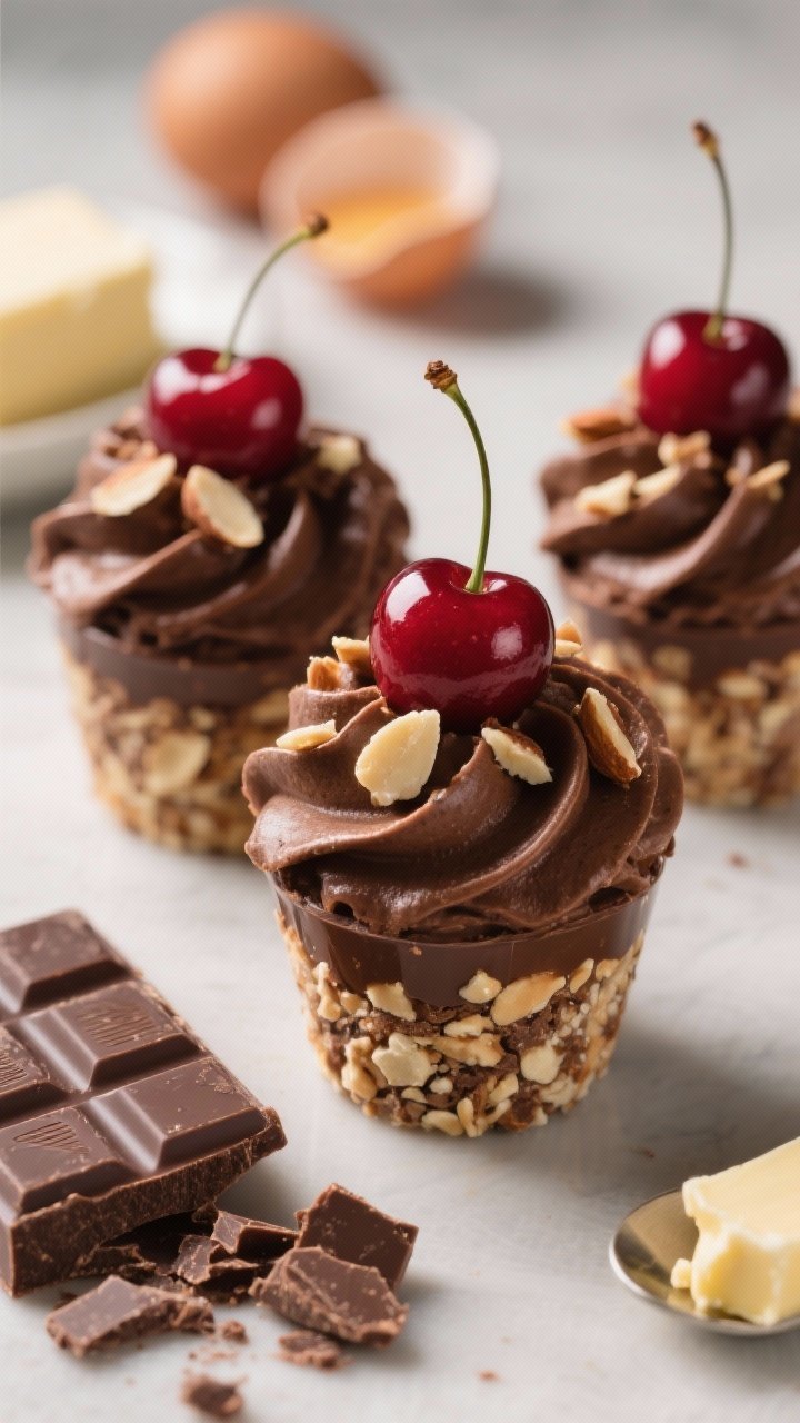 Close-up of cherry chocolate mousse cups with almond crunch: airy dark chocolate mousse piped into small cups, topped with glossy pitted cherries and a sprinkle of toasted almond pieces; a bar of chopped dark chocolate, a pat of butter, and separated eggs subtly included in the background; soft highlights to emphasize mousse lightness, rich red and deep brown tones.