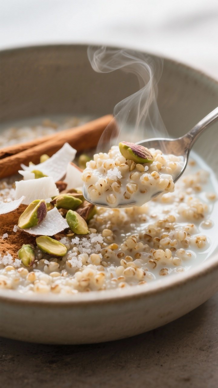 Close-up of cinnamon-spiced quinoa porridge in a deep bowl: fluffy quinoa simmered with water and milk, lightly sweetened with maple or honey, perfumed with cinnamon and vanilla; crowned with toasted coconut flakes and chopped pistachios; pinch of salt for balance; steam rising, spoonful lifted to show creamy texture, soft morning light.
