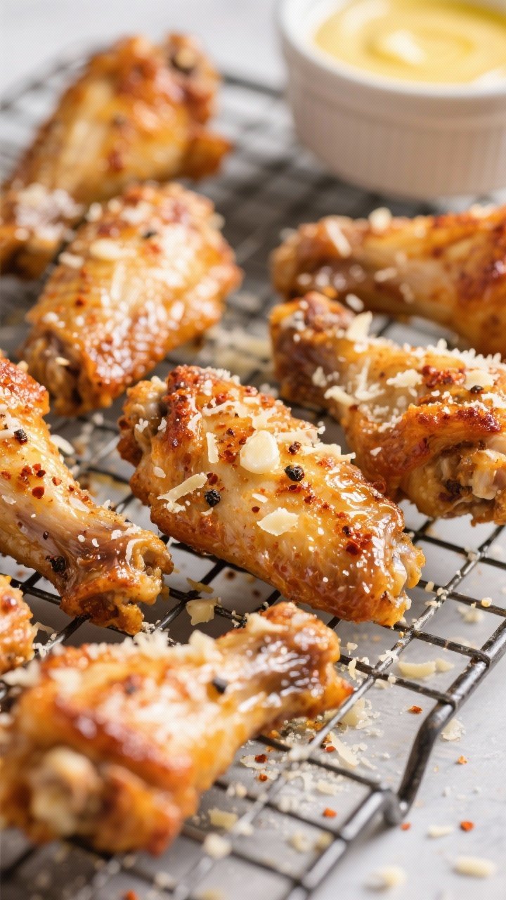 Close-up of garlicky Parmesan baked chicken wings on a wire rack over a tray, skin visibly blistered and crisp from a baking powder rub with kosher salt, black pepper, and smoked paprika; tossed in glossy melted butter and finely minced garlic, then dusted with grated Parmesan; tiny flecks of paprika and garlic bits clinging to the crackly surface; a small bowl of extra garlic-butter in the background, shallow depth of field.