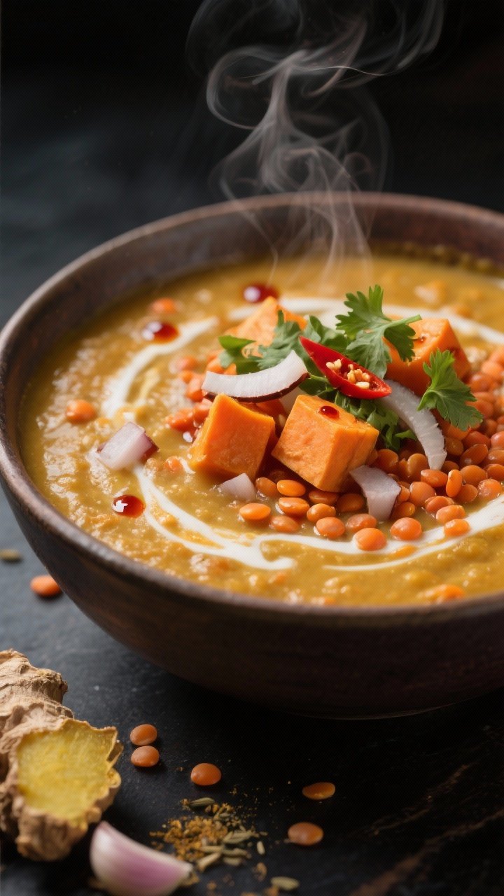 Close-up of red lentil and sweet potato coconut dahl in a deep bowl: velvety coconut base infused with onion, garlic, fresh ginger, curry powder/garam masala, turmeric, cumin; tender sweet potato cubes and red lentils melting together; finished with a coconut swirl, cilantro, and chili oil droplets; warm golden hues, steam rising against a dark background.