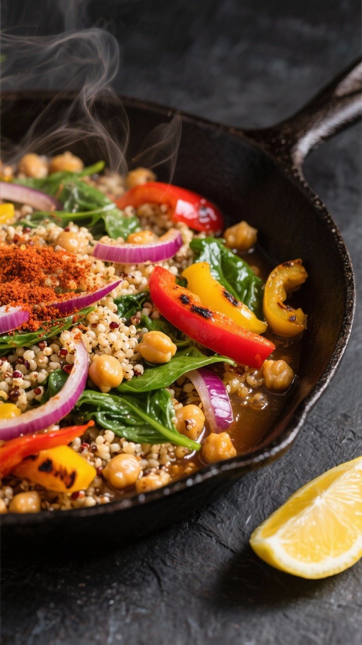 Close-up skillet action of smoky chickpea and quinoa power skillet: fluffy quinoa simmered in vegetable broth, tossed with sliced red onion, red and yellow bell peppers, baby spinach just wilted, and chickpeas from a 15-oz can; paprika-smoky sheen on vegetables; steam visible, charred edges on peppers; served in a cast-iron skillet on a dark slate backdrop with a lemon wedge off to the side.