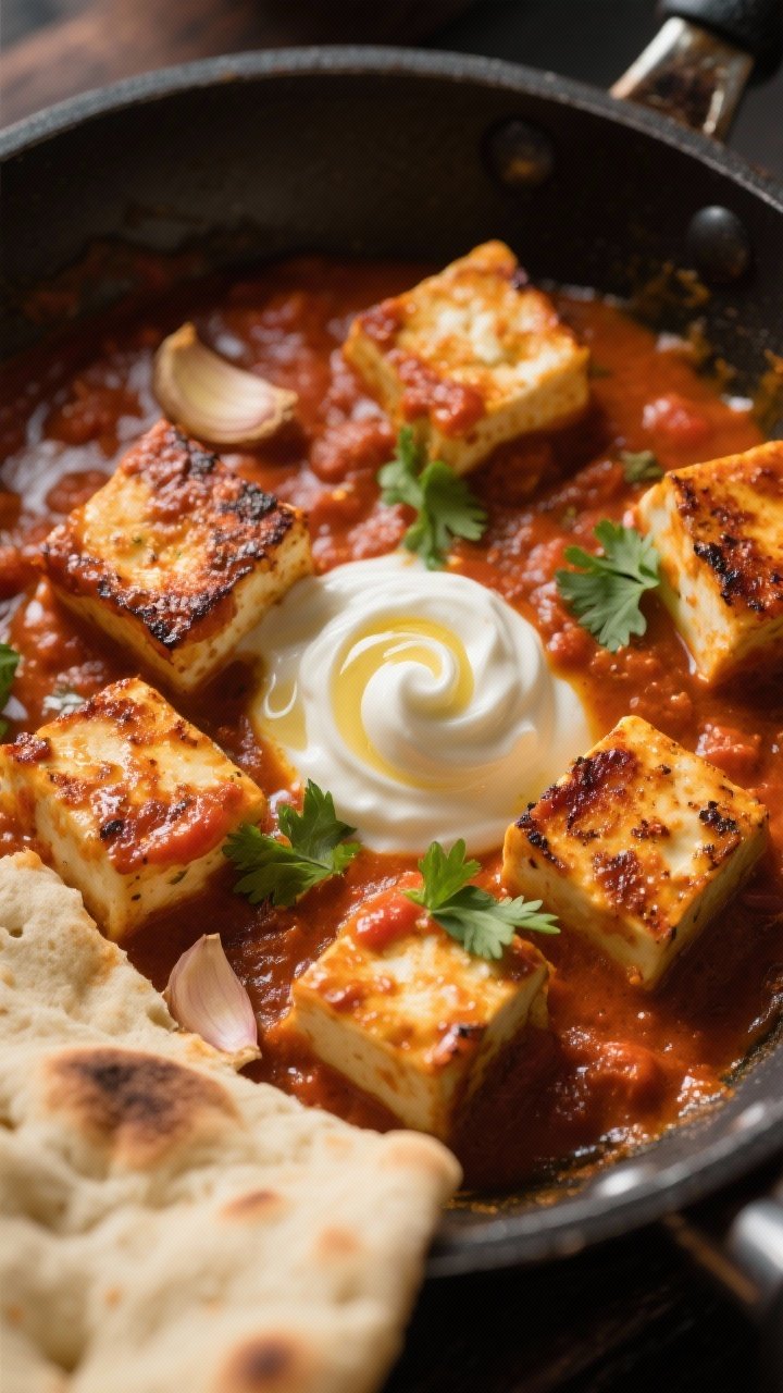 Close-up skillet scene of paneer tikka masala–inspired cubes: seared paneer with crisped edges bathed in a rich tomato-cream masala scented with garlic, fresh ginger, garam masala, and warm ground spices; sauce clinging to the paneer, glossy ghee highlights, garnished with cilantro and a swirl of cream, naan edges peeking into frame, warm, saturated tones.
