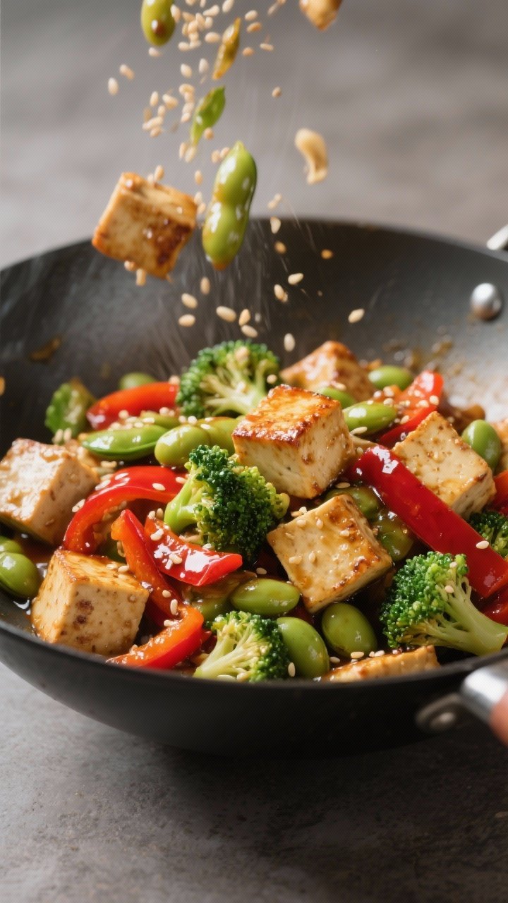 Dynamic wok action shot at 45 degrees of ginger-garlic tofu stir-fry: cubed firm tofu lightly coated in cornstarch and seared until crisp, tossed with broccoli florets, red bell pepper strips, and shelled edamame; glossy ginger-garlic sauce clinging to vegetables, sesame seeds sprinkled; high-heat sheen, vibrant greens and reds against a matte wok.