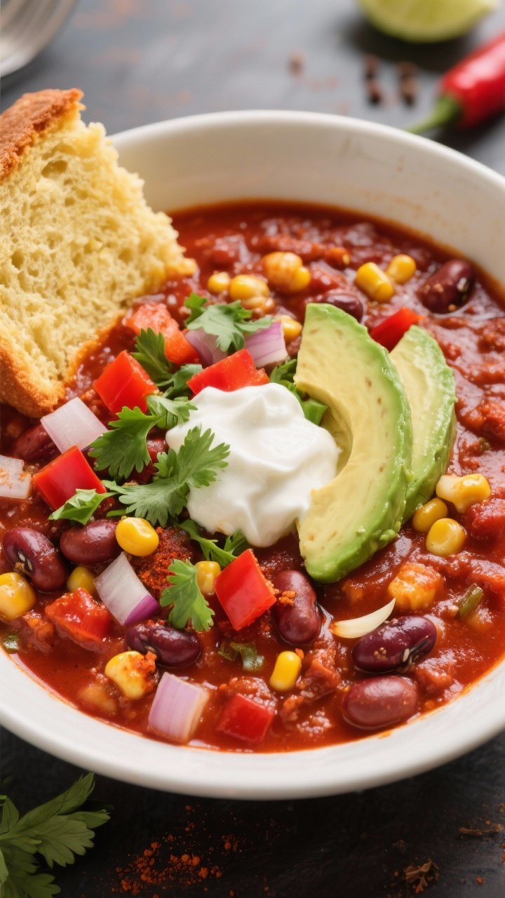Overhead bowl lineup of veggie-packed chili: pinto beans and corn in a thick red base with diced onion, red bell pepper, garlic, chili powder, cumin, smoked paprika, and a pinch of heat. Garnished with avocado slices, chopped cilantro, and a dollop of yogurt; cornbread wedge on the side, vibrant reds, yellows, and greens.