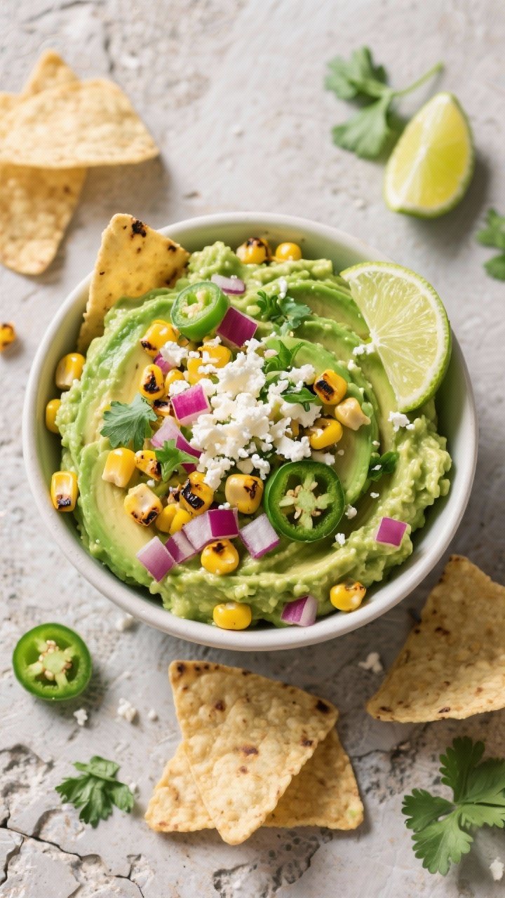Overhead bowl of game day guacamole: mashed ripe avocados folded with charred corn kernels, finely diced red onion, minced jalapeño, grated garlic, chopped cilantro, fresh lime juice; topped with crumbled Cotija and extra cilantro; lime wedges and tortilla chips scattered around on a stone surface; bright, fresh green palette with charred corn contrast.