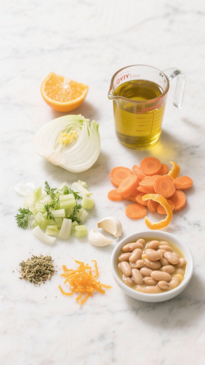 Overhead bright ingredient-prep flat lay for Carrot, Cannellini & Orange Zest Sunshine Soup: chopped fennel bulb (or celery), onion, sliced carrots, minced garlic, ground coriander, ground cumin, cannellini beans, and a small dish of vivid orange zest; olive oil in a small pitcher, vegetable stock in a measuring cup; clean white marble surface, neatly arranged, citrus peel curls adding pop, minimal shadows.