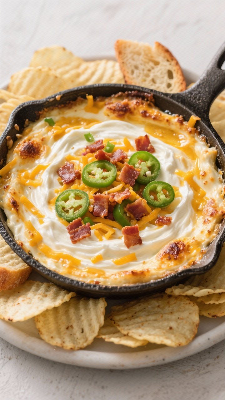 Overhead bubbling jalapeño popper dip in a cast-iron skillet: creamy mix of cream cheese and sour cream swirled with shredded sharp Cheddar and Monterey Jack, topped with crumbled crispy bacon and finely chopped jalapeños; golden-cheddar crust with browned spots; served with ridged potato chips and toasted baguette slices around the skillet, bright, inviting tones.
