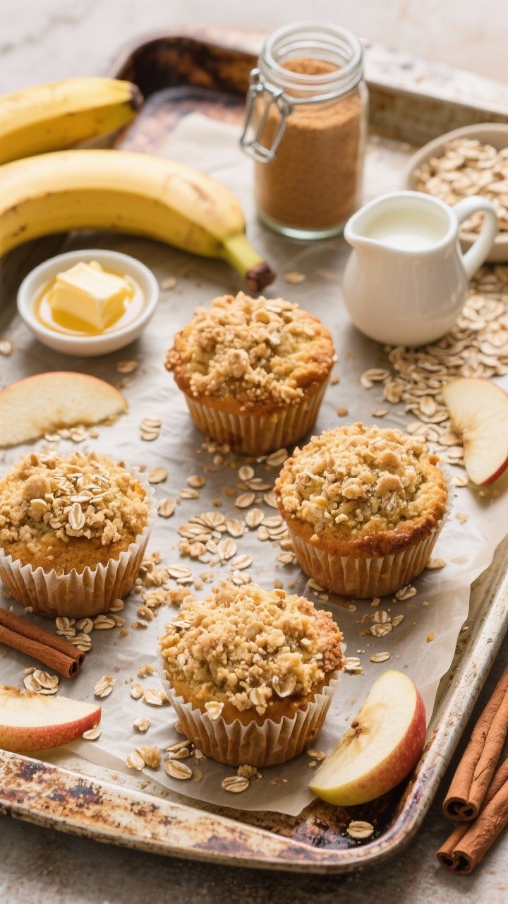 Overhead composition of banana apple cinnamon oat muffins with a golden oat streusel topping, crumbs scattered artfully. Surround with thin apple slices, a jar of brown sugar, rolled oats, a pat of melted butter in a small dish, a splash of milk in a mini pitcher, and a cinnamon stick bundle. Warm, cozy bakery atmosphere with parchment paper and a worn baking tray.